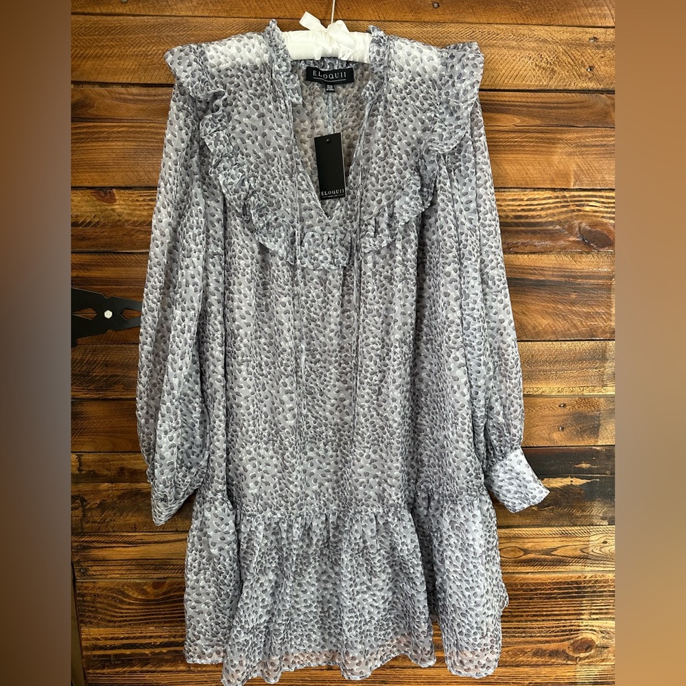 Eloquii NWT Animal Print Babydoll Mini Dress Plus Size XL Long Sleeve Ruffle Hem